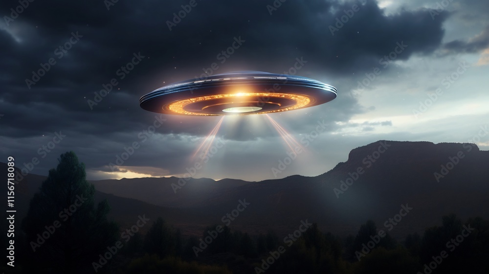 Poster a mysterious ufo or otherworldly spacecraft cloaked in shimmering light partially visible through th