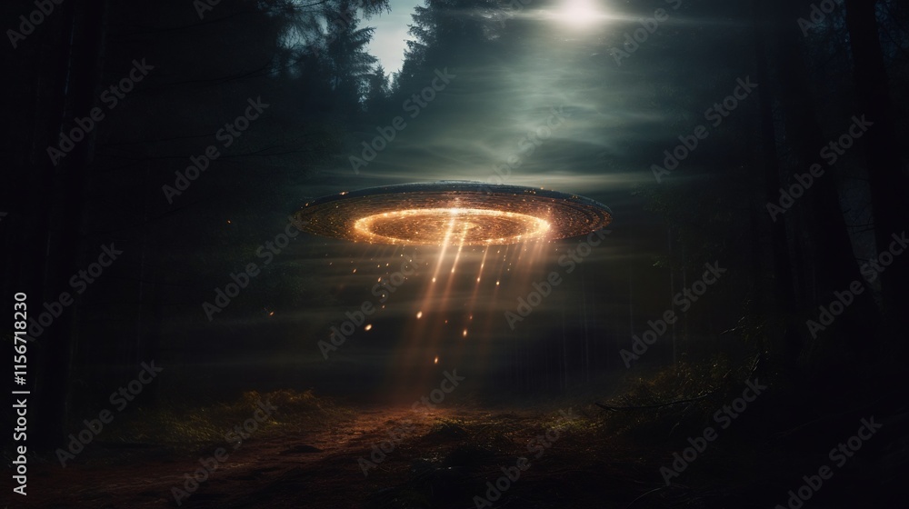 Poster a mysterious unidentified flying object emitting a mesmerizing trail of glowing particles as it swif