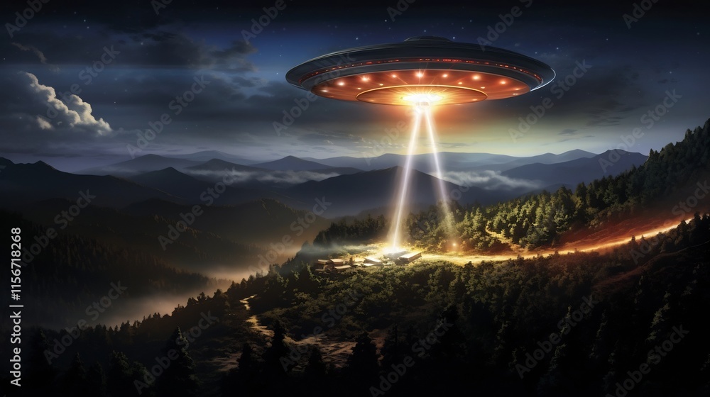 Poster mysterious ufo interacting with powerful beam of light emanating from futuristic astronomical observ