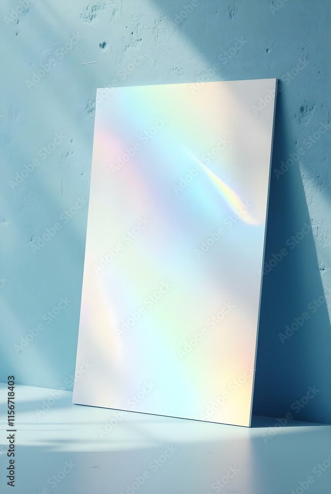 Poster a blank white square with subtle light reflections and a sharp shadow sits against a light blue back