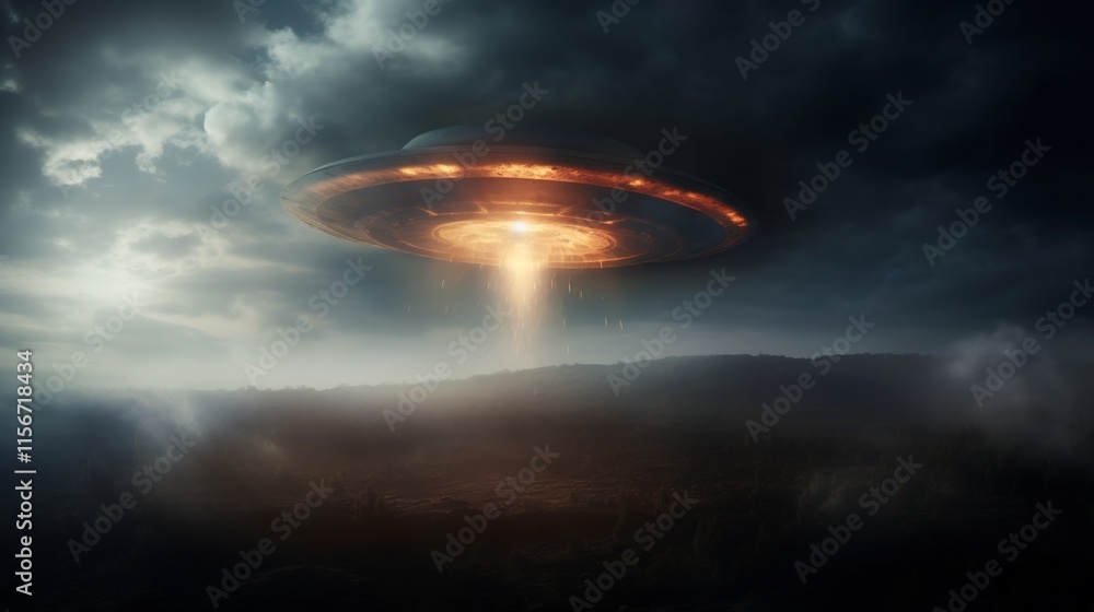 Poster mysterious unidentified flying object emerges from swirling smoke in a dramatic celestial encounter 