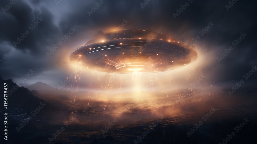 Poster mysterious ufo spacecraft appears suddenly in the night sky surrounded by swirling twisting smoke or