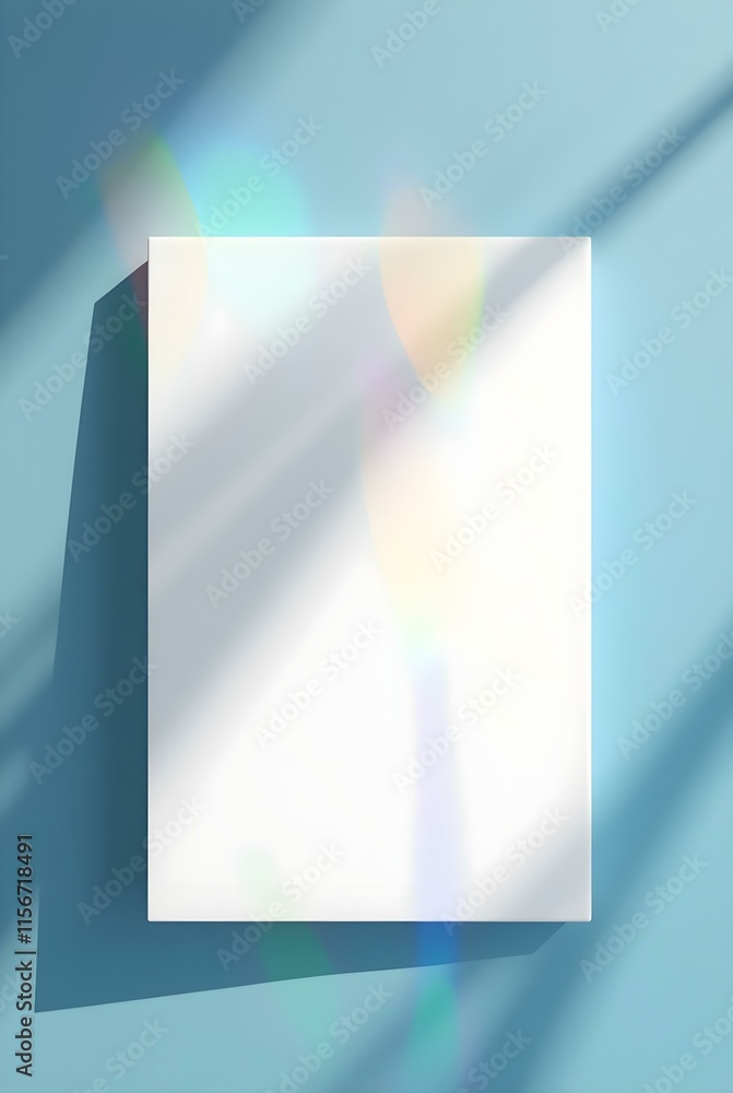 Poster A blank white square with subtle light reflections and a sharp shadow sits against a light blue background.
