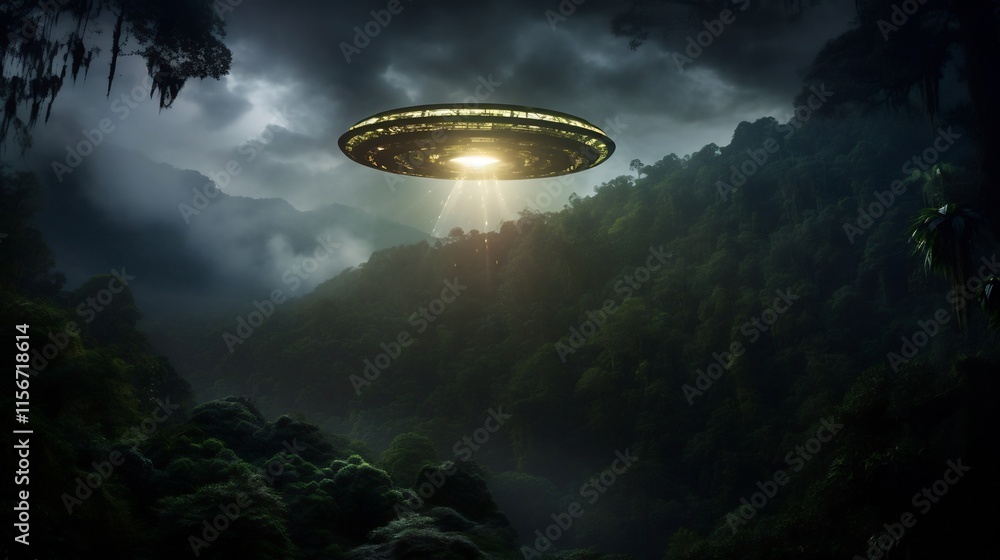 Poster a captivating sight of a glowing unidentified flying object hovering above the lush dense canopy of 