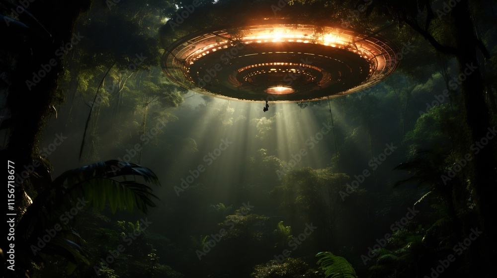 Poster ethereal ufo hovering above lush rainforest canopy in captivating sci fi landscape a mysterious and 