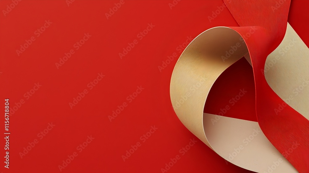 Poster a visually striking 3d featuring elegant and vibrant red and gold ribbon shapes forming an abstract 