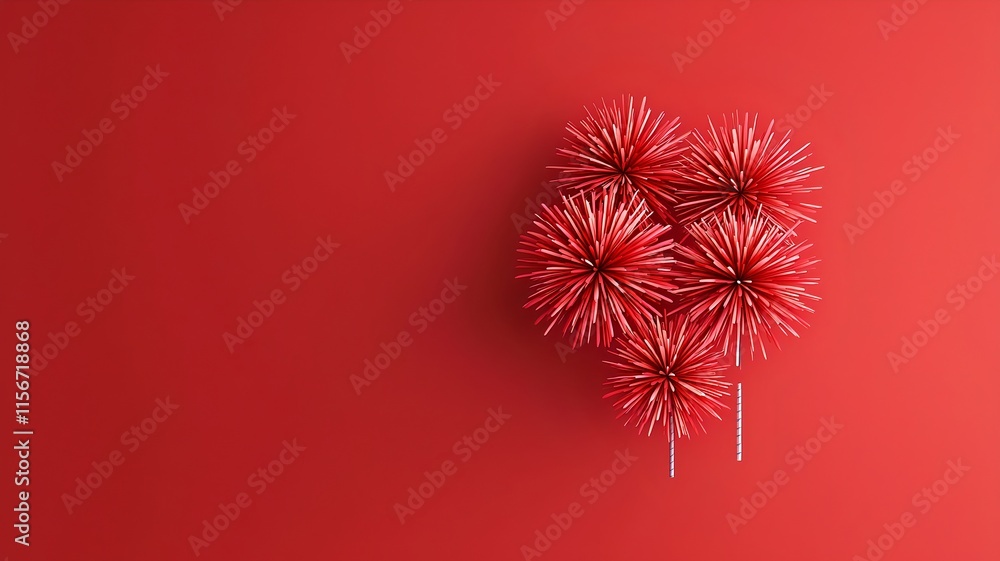 Poster stunning 3d of vibrant fireworks explosions bursting over a sleek minimalist red background with a r