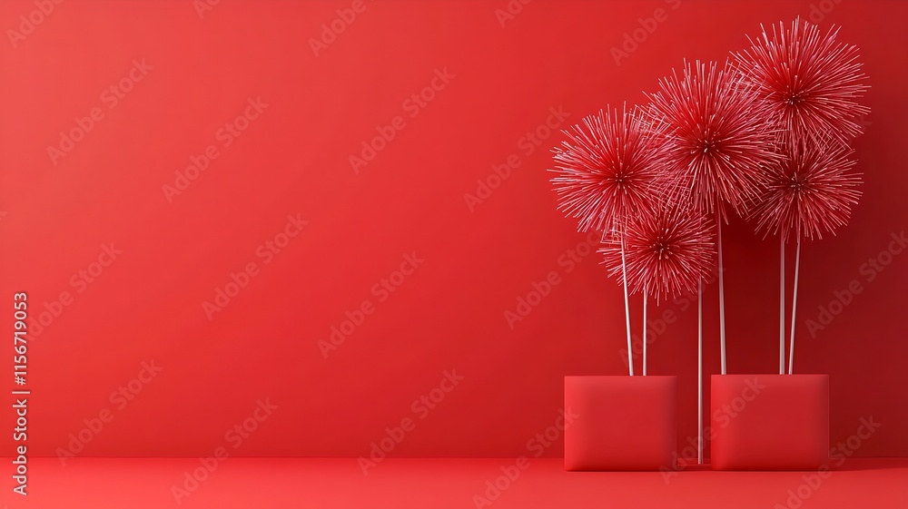 Poster stunning 3d of colorful fireworks bursting over a bold red background creating a dynamic and energet