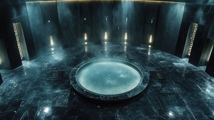 Relaxation space with a circular hot tub surrounded by steam and elegant marble design in a tranquil environment