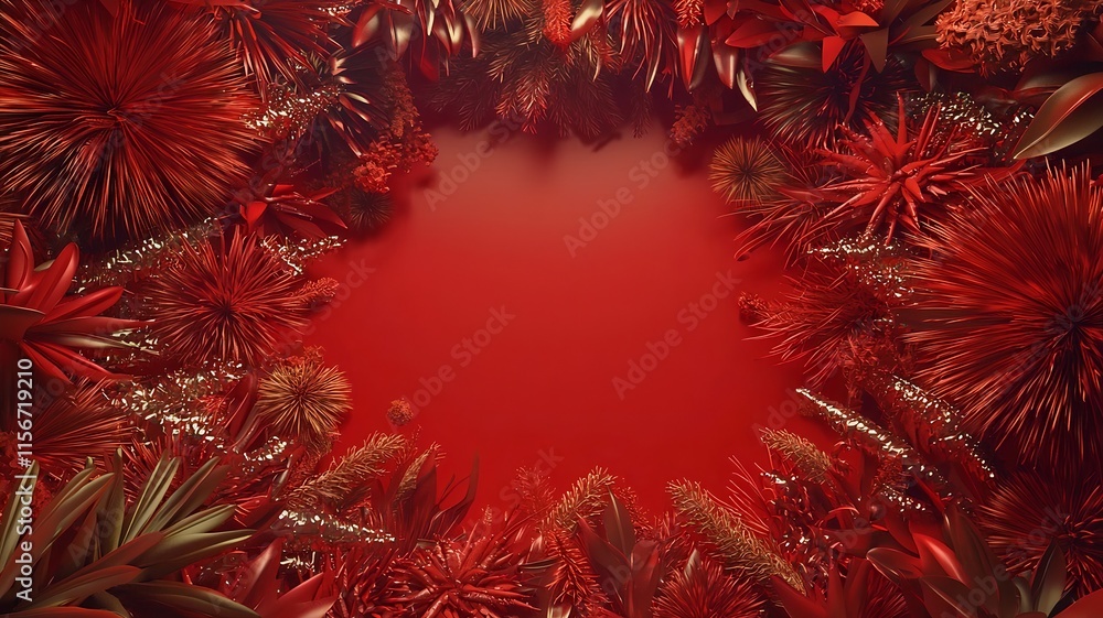 Poster stunning 3d of colorful fireworks bursting against a sleek red background creating a dynamic and cel