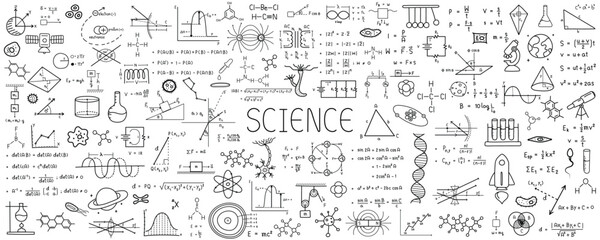 Science line hand drawn symbols. Geometric icons and formulas of important science technology theories. Vector illustration for background.