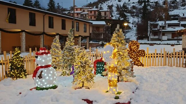 Christmas trees and snowman in the center of VIsso city, Marche region, Italy