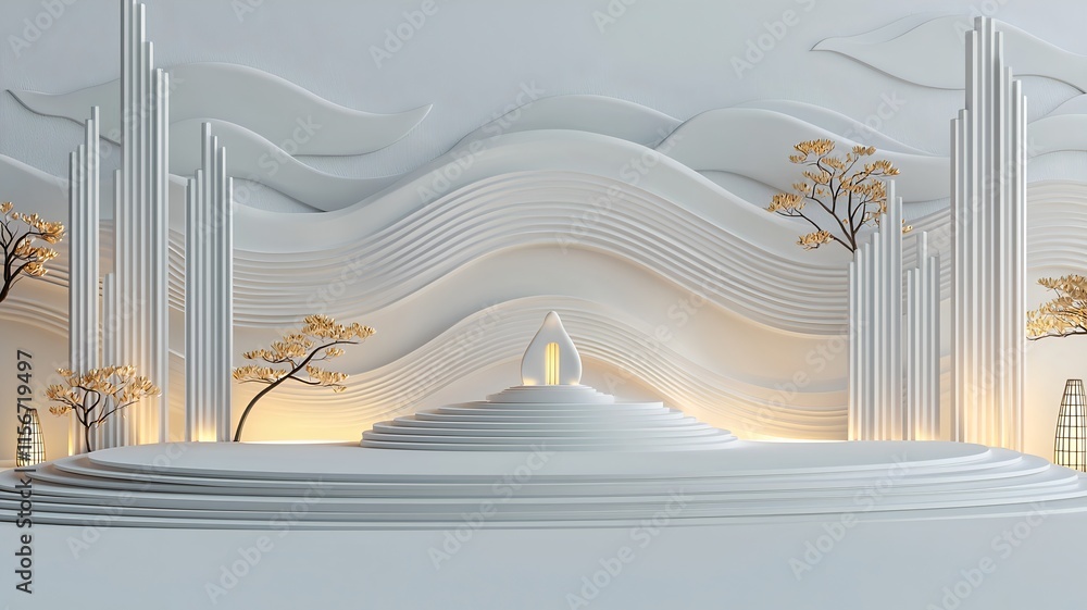 Poster a mesmerizing 3d featuring minimalist lanterns and shimmering golden waves on a serene white backgro