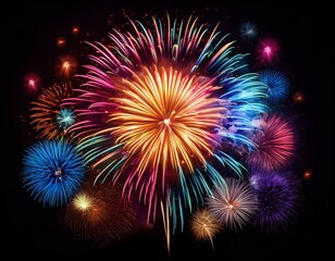 Fototapeta premium Sylvester, happy new year, new year's eve background banner - Golden firework fireworks pyrotechnics on dark black night sky
