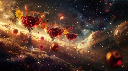 A surreal space scene featuring cocktails amidst a cosmic background.