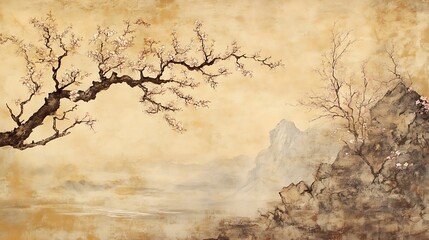 Misty Asian landscape painting with blossoming plum trees on rocky outcrop.