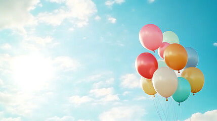Naklejka premium Vibrant helium balloons in various colors against bright blue sky