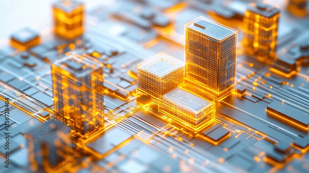 Poster a futuristic cityscape made of glowing circuitry, blending urban architecture with advanced technolo