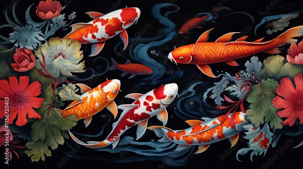 Poster a mesmerizing and harmonious arrangement of vibrant koi fish swimming in synchronized patterns withi