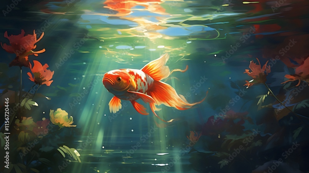 Poster stunning image of a vibrant koi fish swimming underwater in a tranquil pond with sunlight streaming 