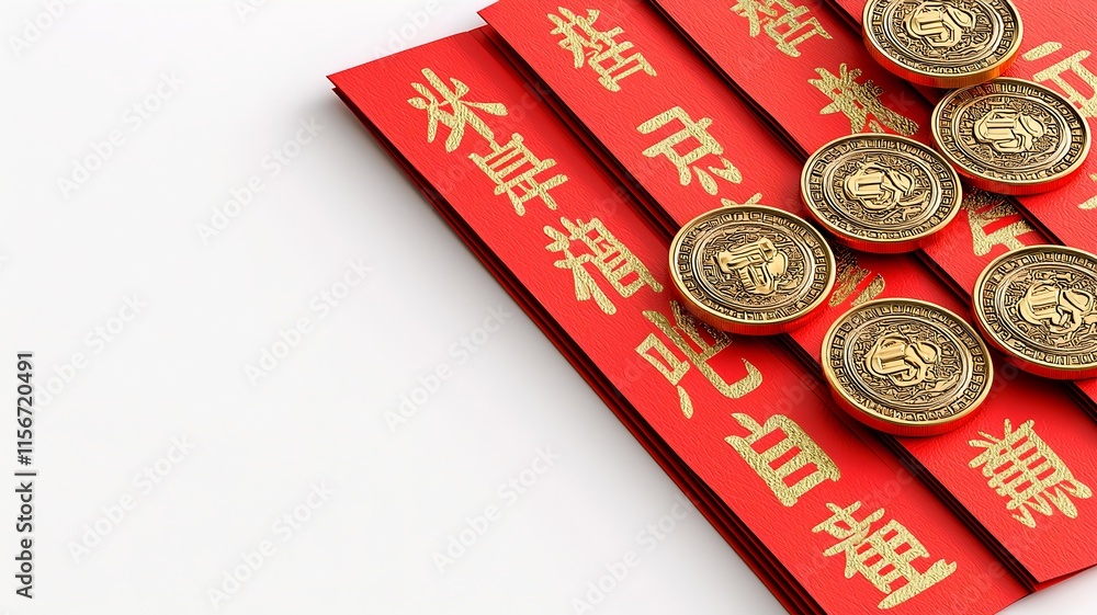 Poster auspicious red envelopes and prosperity coins displayed on clean seamless 3d layout representing wea