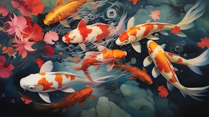Colorful Koi Fish Swimming Playfully in a Shallow Pond their Graceful Movements Reflected on the Calm Water Surface Creating a Serene and Tranquil Natural Landscape