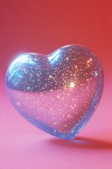 Fototapeta premium Glittering Transparent Heart with Blue and Pink Sparkle on Vibrant Gradient Background - High-Resolution Romantic and Elegant Love-Themed Illustration