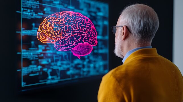 Senior Man Practicing Memory Exercises with Digital Display