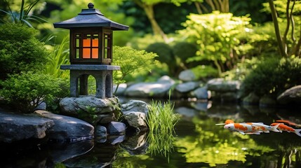 Tranquil and serene Japanese garden landscape with a peaceful pond featuring colorful koi fish swimming among the reflections of a traditional stone lantern