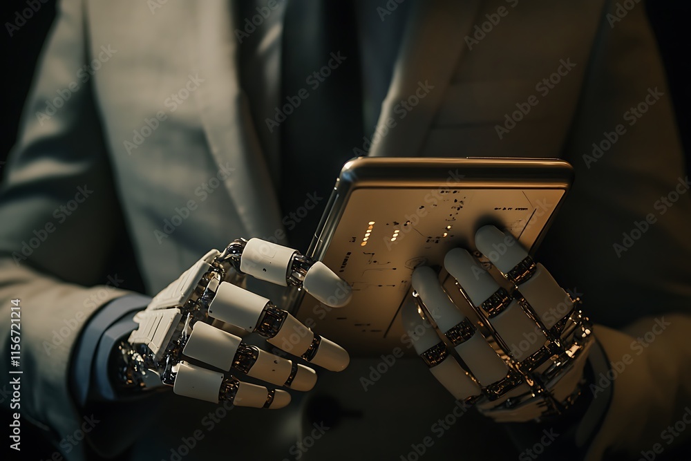 Poster robotic hands using tablet. future technology concept.