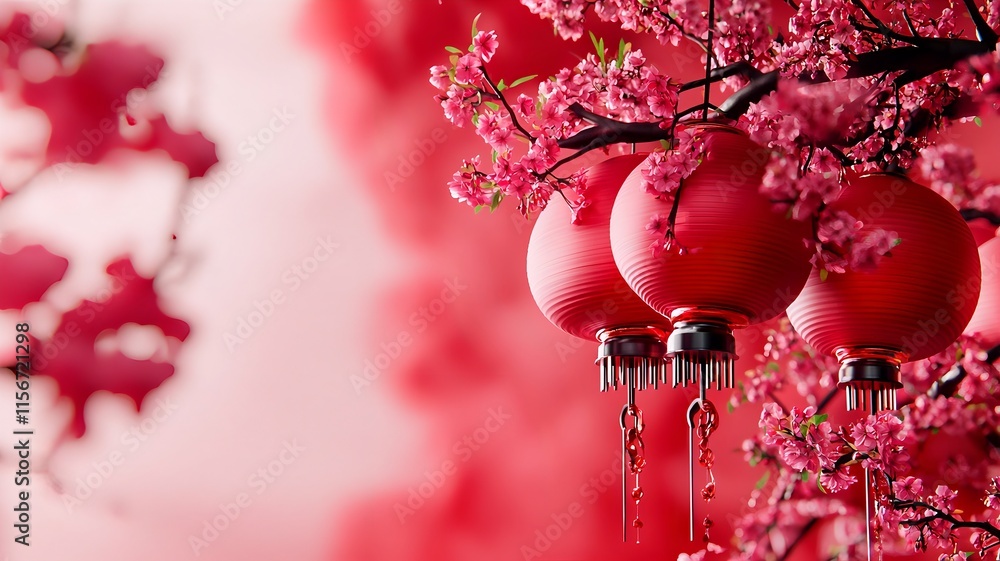 Poster breathtaking 3d of a serene and enchanting lantern filled scene with blooming cherry blossoms agains