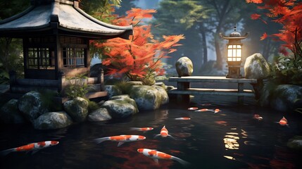 Serene and peaceful Japanese garden landscape featuring a tranquil koi pond with beautiful traditional stone lantern reflected in the calm water