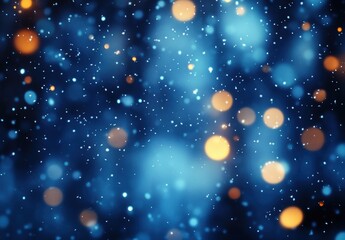 Abstract Background with Soft Blue and Orange Bokeh Lights, Falling Snowflakes Creating a Dreamy Winter Wonderland Effect for Creative Projects and Designs