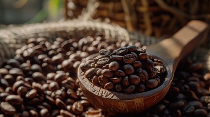 Obraz premium A wooden spoon filled with coffee beans, surrounded by scattered beans and a natural backdrop.
