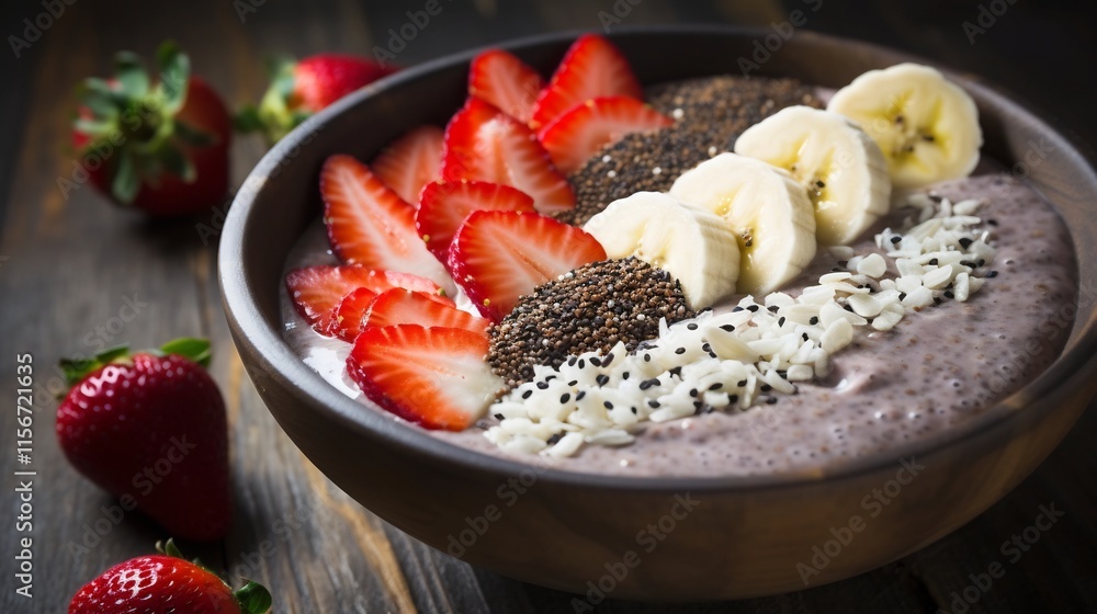 Poster delectable smoothie bowl featuring an array of fresh fruits and nutrient dense chia seeds creating a