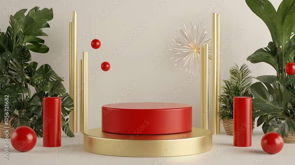 Poster mesmerizing minimal gold and red fireworks display on sleek digital backdrop with central text place