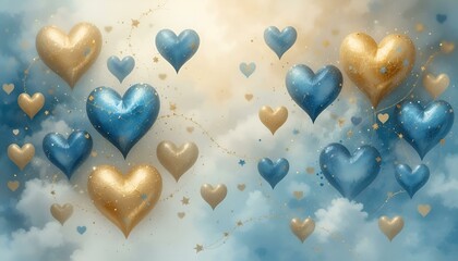 Obraz premium Blue and golden hearts floating against a dreamy cloud background for love and celebration themes