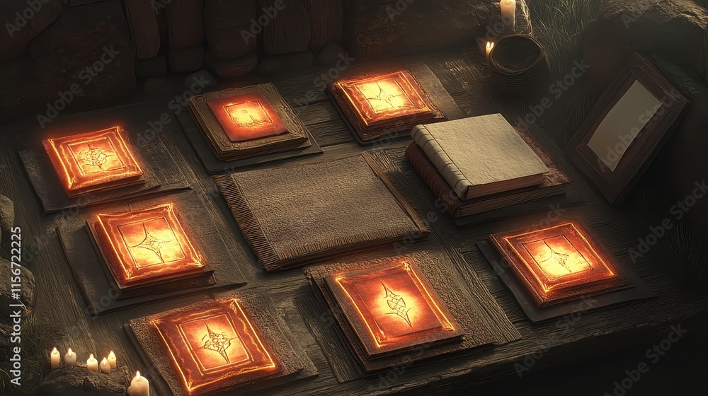 Poster a mystical arrangement of illuminated books on a stone surface, surrounded by candles, creating an e