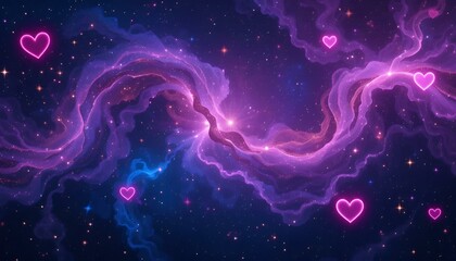 Vibrant cosmic background with swirling nebula and colorful hearts, perfect for Valentine's Day