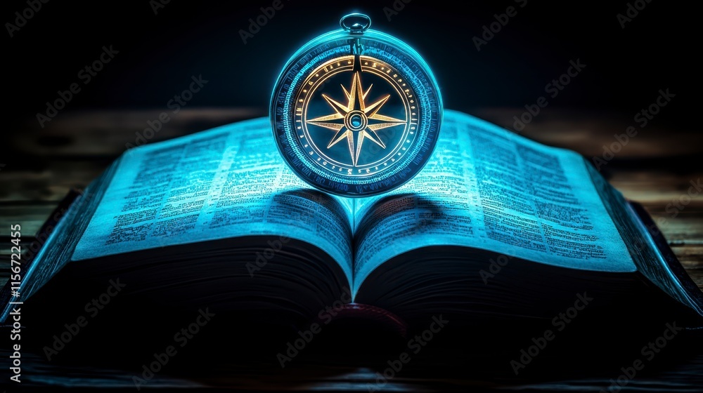 Aufkleber an illuminated compass rests on an open book, symbolizing guidance and exploration of knowledge in a