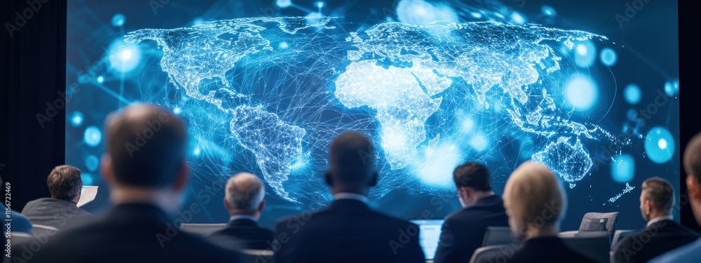 Aufkleber attendees watching global network visualization on large screen during technology conference or busi