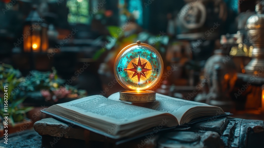 Poster a mystical compass rests on an open book in a serene, enchanting setting filled with greenery and an