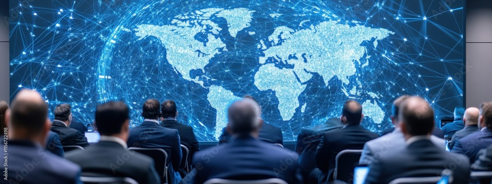 Aufkleber business professionals in a conference room observe a digital world map with interconnected data poi