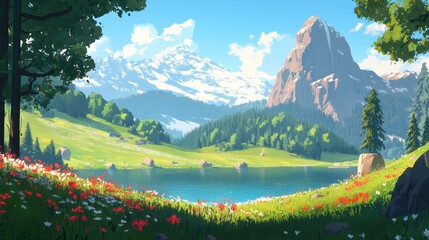 Vibrant landscape with rolling green hills, dense forest, calm lake reflecting blue sky, wildflowers dotting fields, and distant mountain peaks creating breathtaking natural beauty