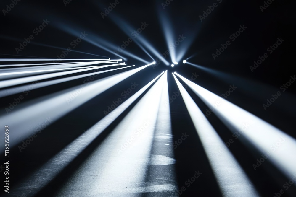 Poster converging beams of light create a dramatic, radiating pattern on a dark surface.