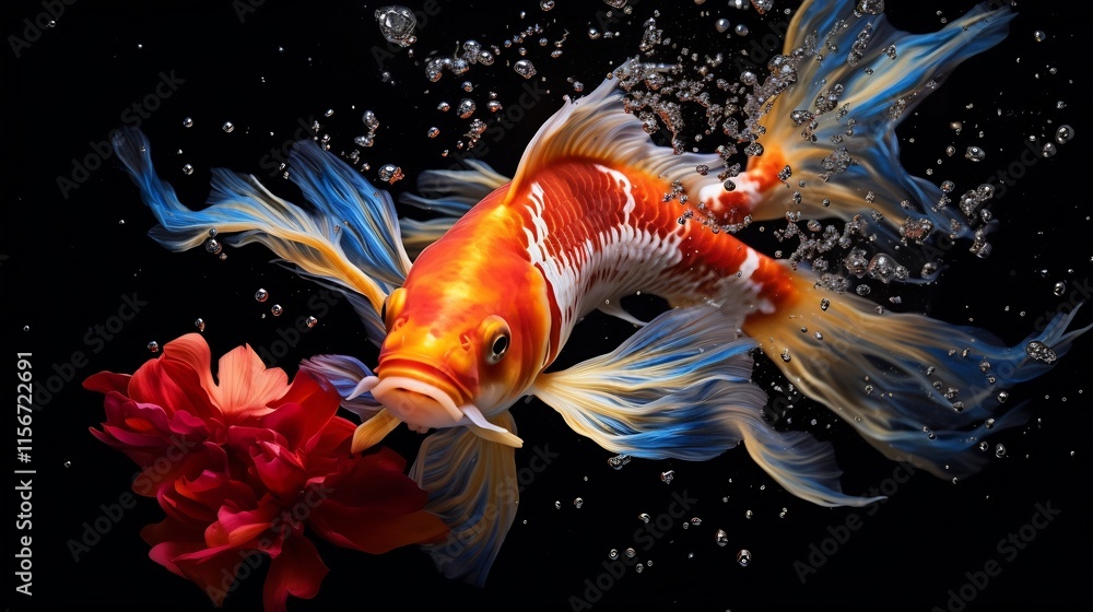 Poster captivating image of a vibrant koi fish swimming gracefully in an underwater setting showcasing its 