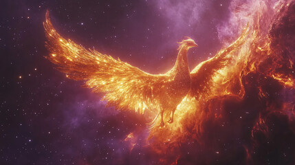 Obraz premium Fiery depiction mythical phoenix vivid color glitter sparkling effect soaring majestically through cosmic background fantasy art mystical storytelling wallpaper wall poster bird fly magical fire