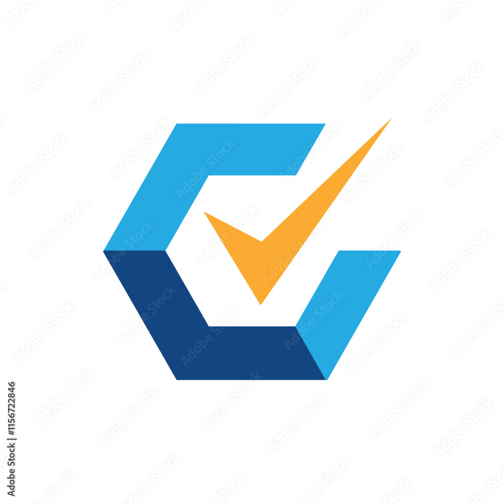 Poster the image shows a flat design of a hexagonal shape in blue color with a yellow check mark on it