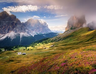Fototapeta premium Beautiful landscape of Alpe di siusi - Seiser alm in Dolomite, Italy in the morning.