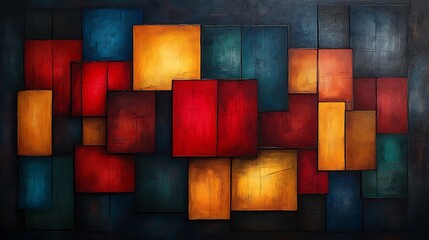 Abstract geometric painting with warm and cool tones.